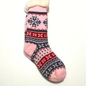 Pink Snowflake Argyle Sherpa Lined Slipper Socks